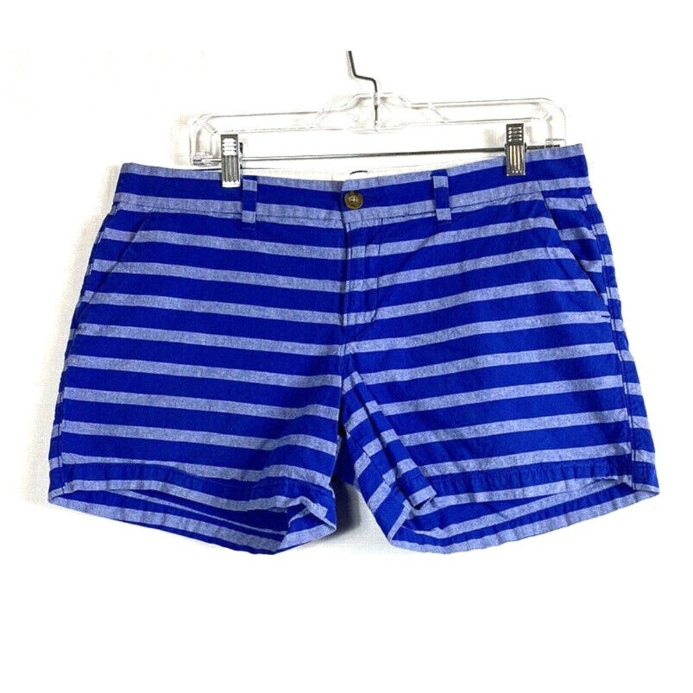 Old Navy Chino Shorts Womens 4” Casual Inseam Flat Front Blue Striped Sz 8 Blue